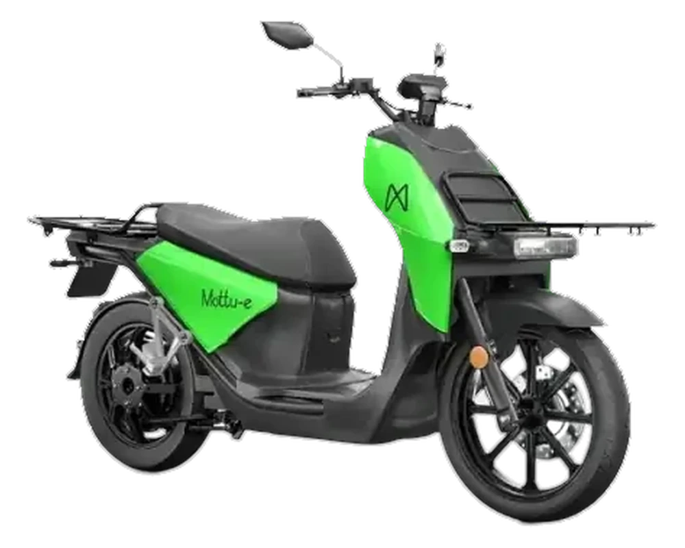 Mottu E-Max elétrica verde e cinza, vista tres quartos frontal, moto do plano Anual